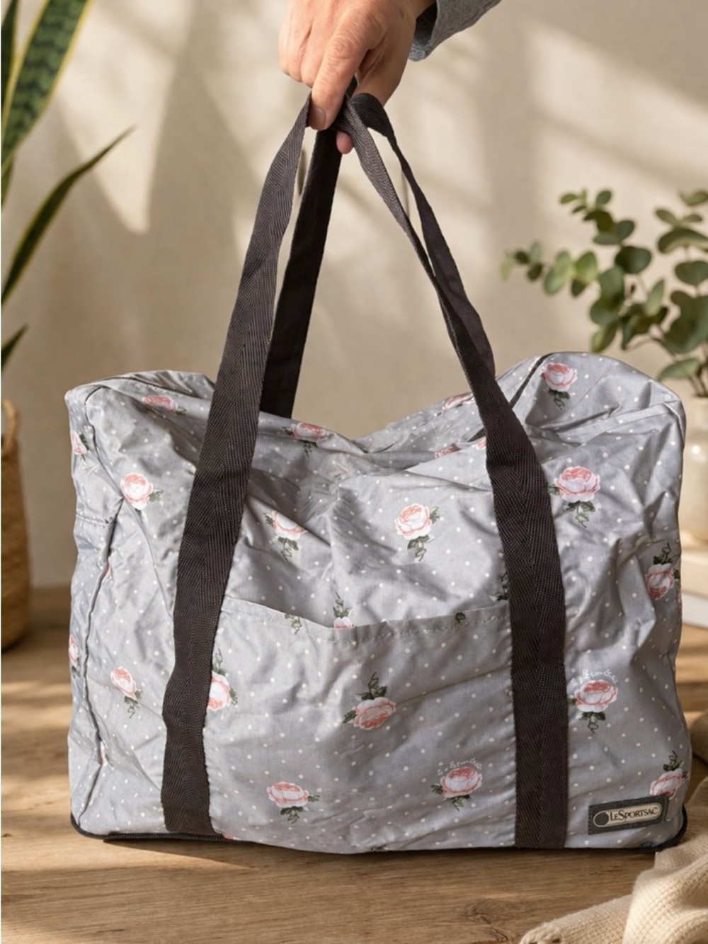 LeSportsac Foldable Travel Tote Floral Grey Packable Weekender Bag